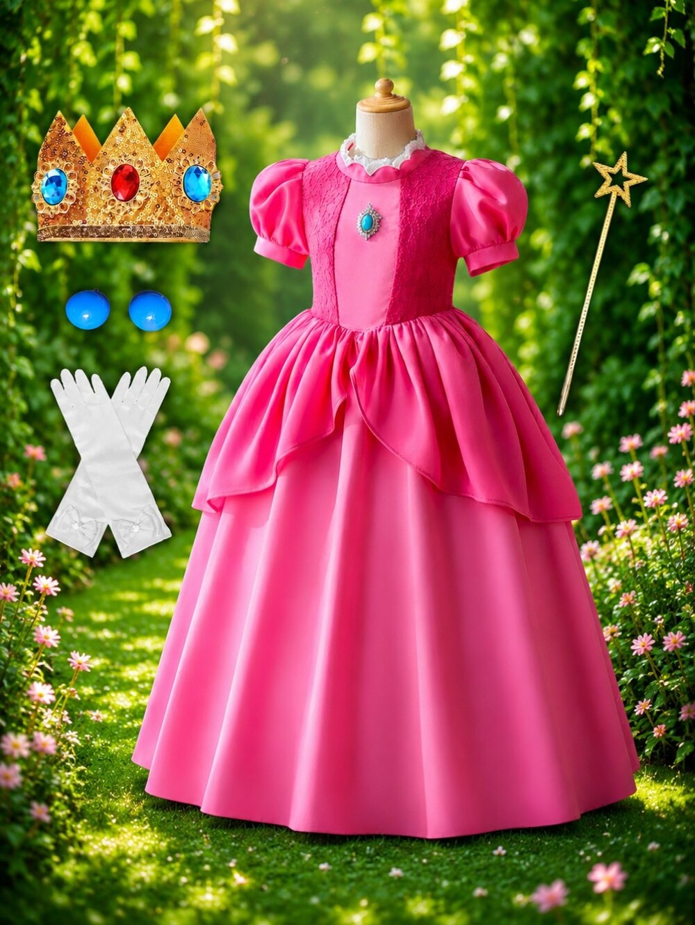 Princess Peach Dress Girls Halloween Costume + FULL SET Gloves, Crown + Earrings